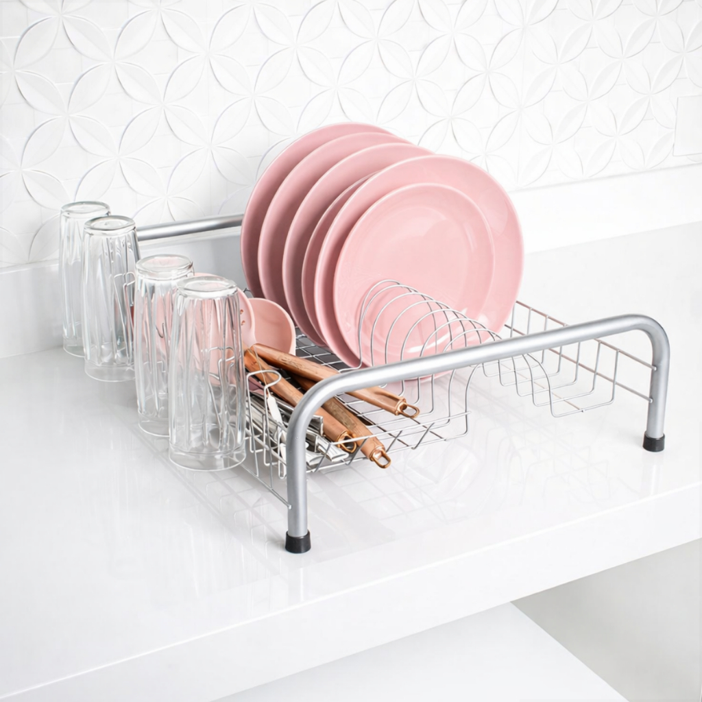 Escorredor De Louça  Cozinha Cama Grande Porta Talheres Copos em Aço Carbono 13 Pratos 6 Copos Bancada Envio Imediato