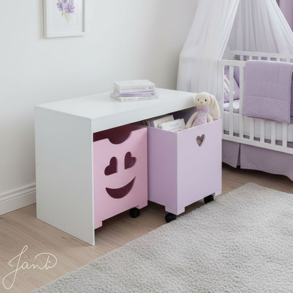 Organizador Emoji de Brinquedos Bancada Infantil 2 Gavetas Com Rodinhas em MDF.