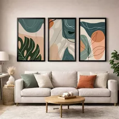 Trio Quadros Para Sala 40x60 cm Grande Com Moldura Folhagem Abstrata Moderno Quarto