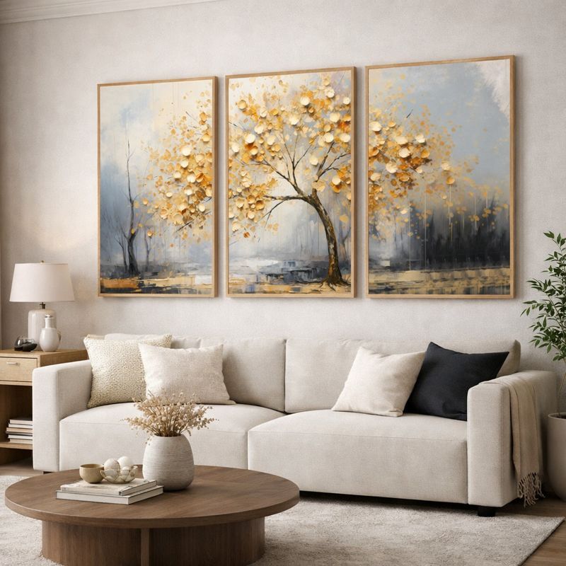 Trio Quadros Decorativos Com Moldura Folhagem Árvore Tons Terrosos Sala Quarto Grande e Moderno