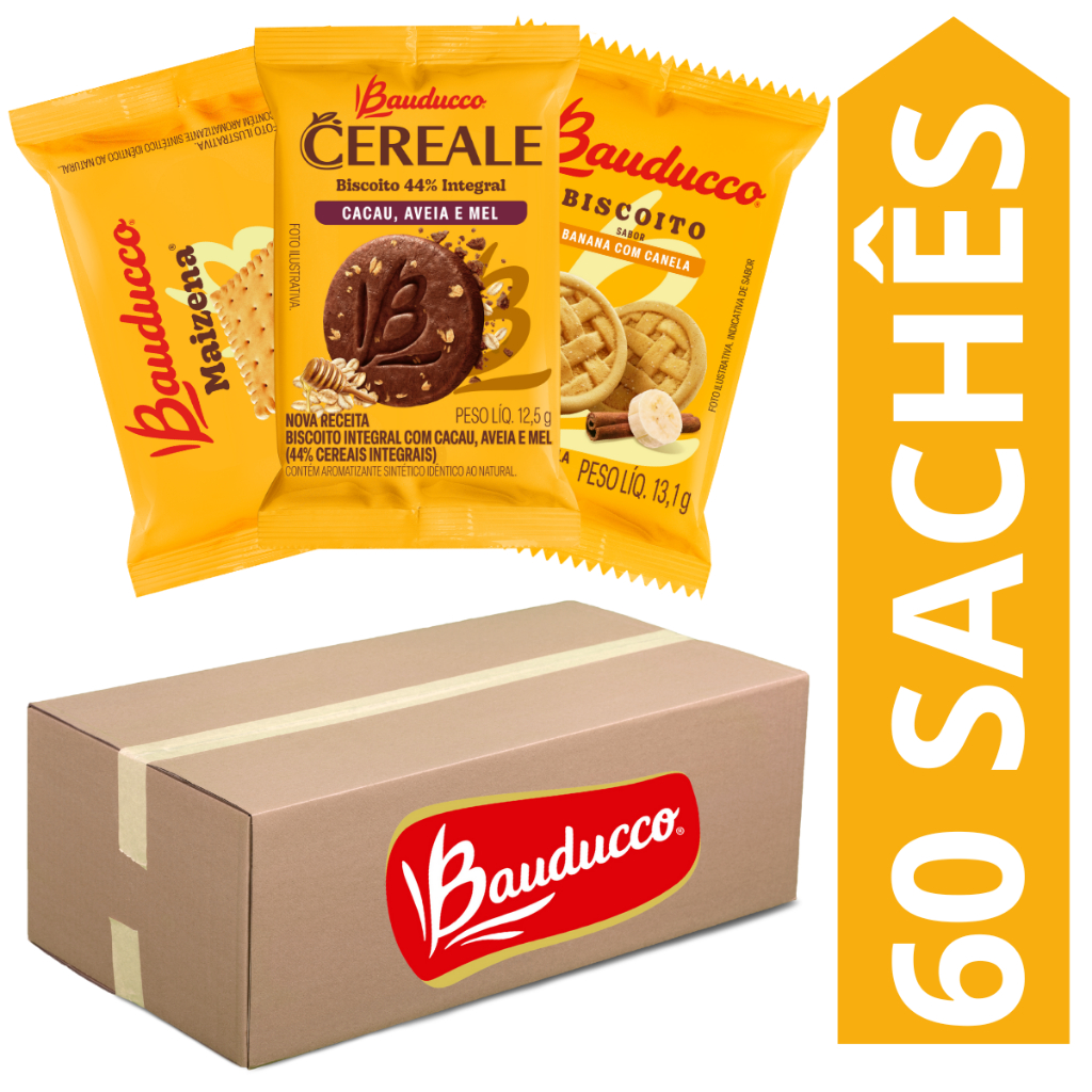 Kit 60 Sachês Biscoito Bauducco Sabores Cereale Cacau, Banana Com Canela, Maizena