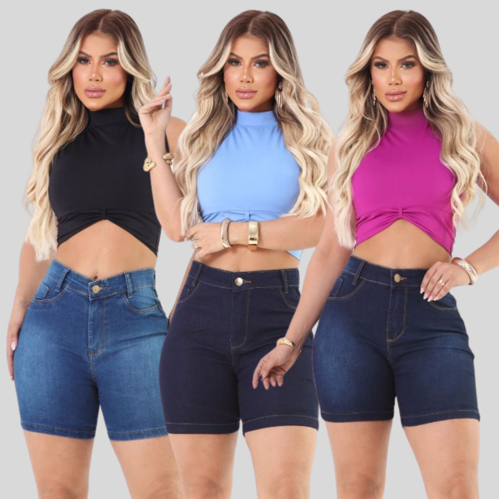 Kit 3 Bermuda Jeans Meia Coxa Elastano Casual Cós alto Lançamento
