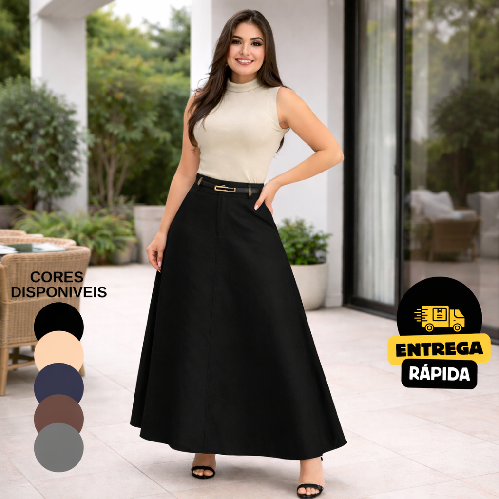 Saia Alfaiataria Moda Evangélica Longa Godê Social Cintura Alta Elegante Rodada Premium em Oferta na Shopee