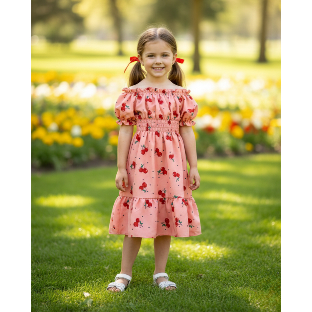 Vestido Infantil Ciganinha Cerejinha de Manguinha Com Elastano