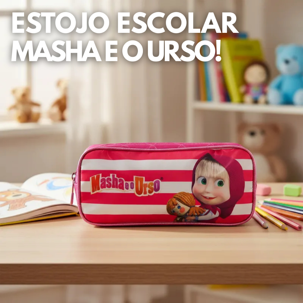 Estojo Escolar Masha E O Urso Rosa Com Laço Volta as Aulas Infantil Desenho Duplo 2 Zíper