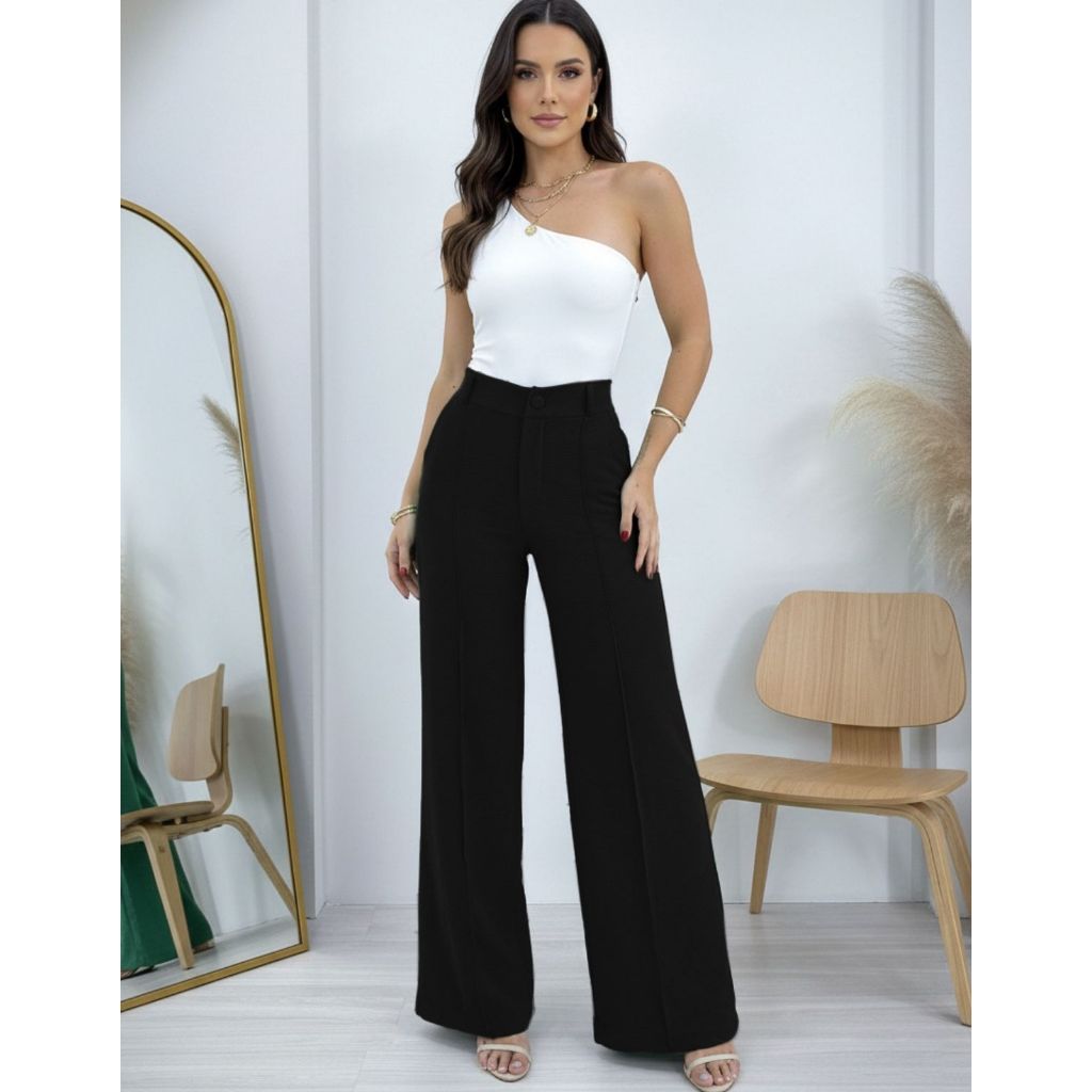 Calça Feminina Pantalona Wide Leg Social Alfaiataria Solta