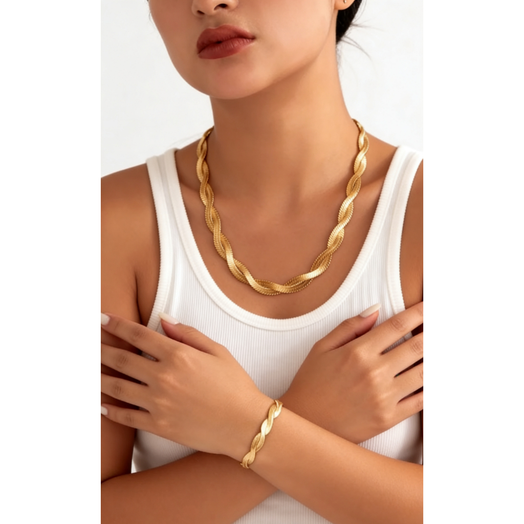 Kit Pulseira Colar Feminino 2 Fios Banhado em Aço Inox Ouro 18K Ajustável - A promoção em Oferta na Shopee