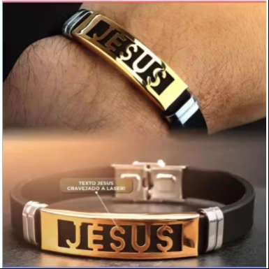 Pulseira masculina Dourada Jesus em aço Borracha Resistente social ajustavel presente em Oferta na Shopee