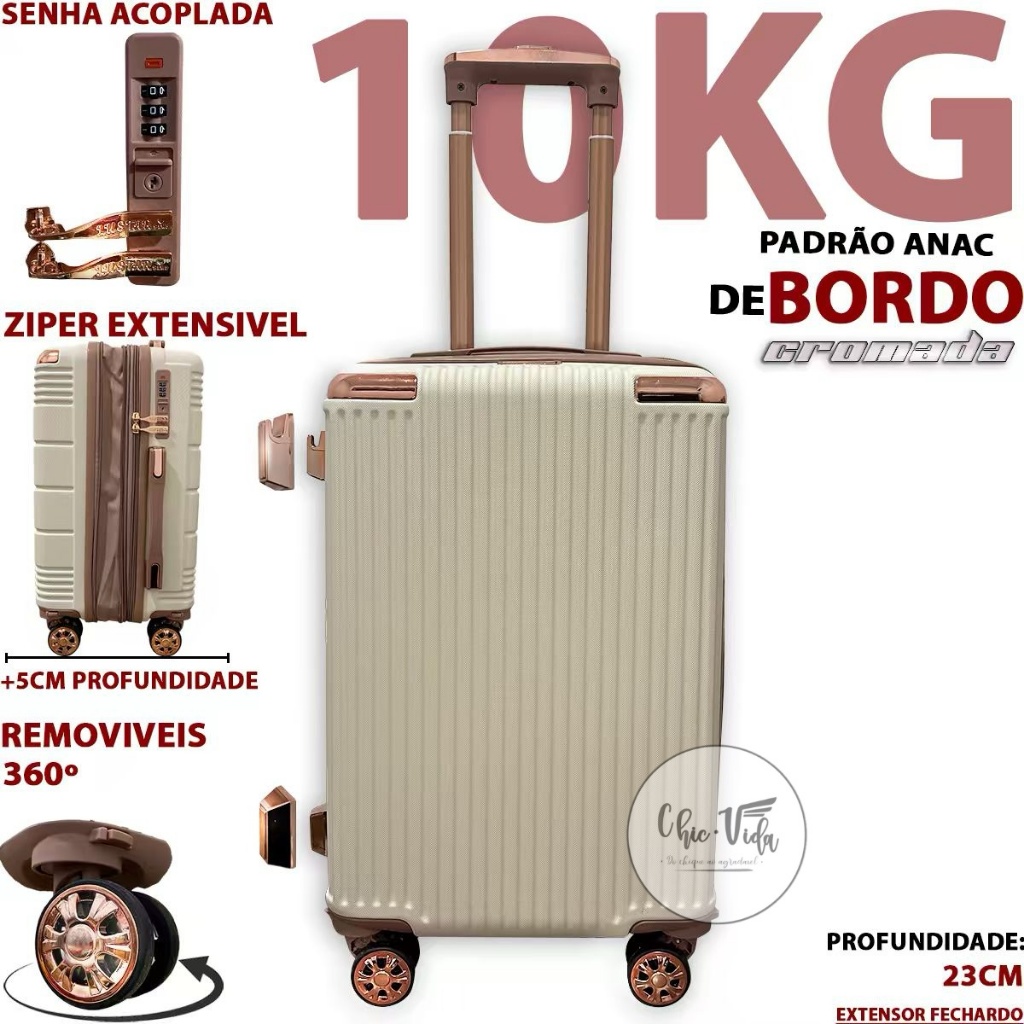 Mala De Bordo 10 Kilos Duplo Zíper ABS Roda Dupla 360 Cadeado Mala Viagem 10Kg Expansível Promocao