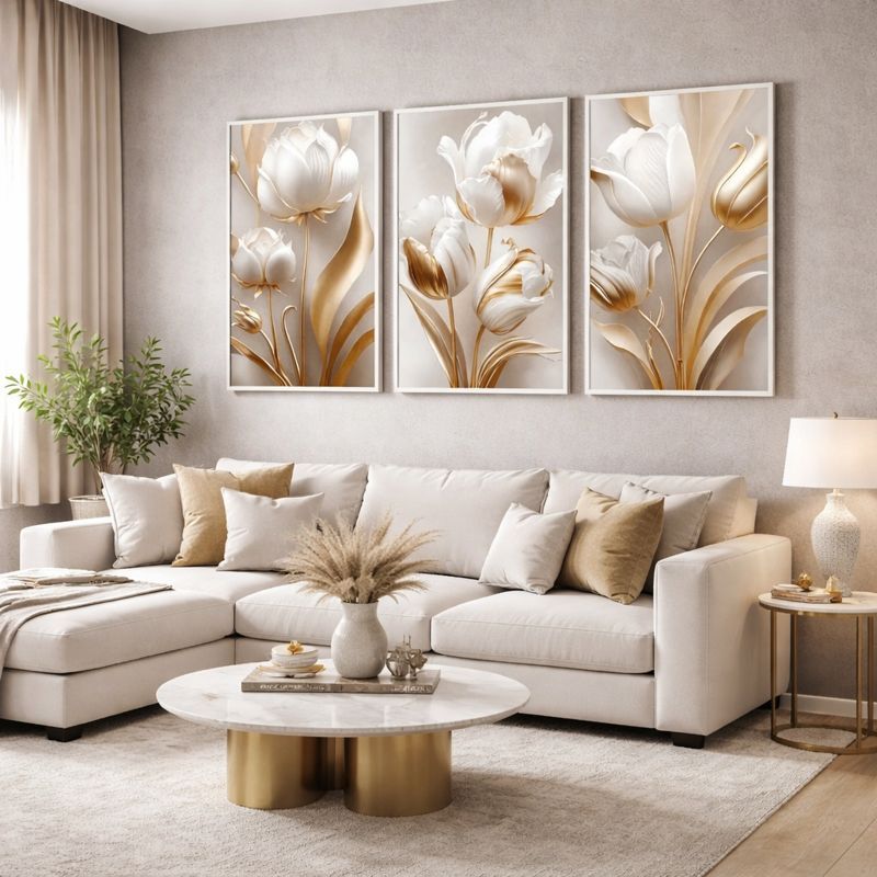 Trio Quadros Decorativos Com Vidro Moldura Folhagem Floral Para Sala Quarto Escritório ou Hall