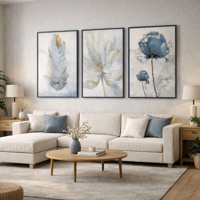 Conjunto Quadro Decorativo Floral Para Sala Moderno Moldura Abstrato