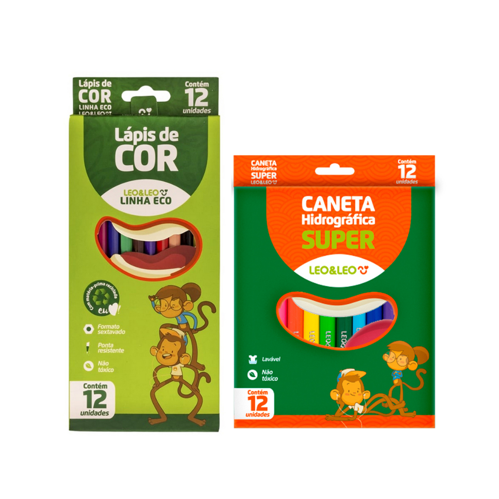 Leo e Leo Kit Volta as Aulas Lápis de Cor 12 Cores Sextavado + Canetinha 12 Cores Lavável