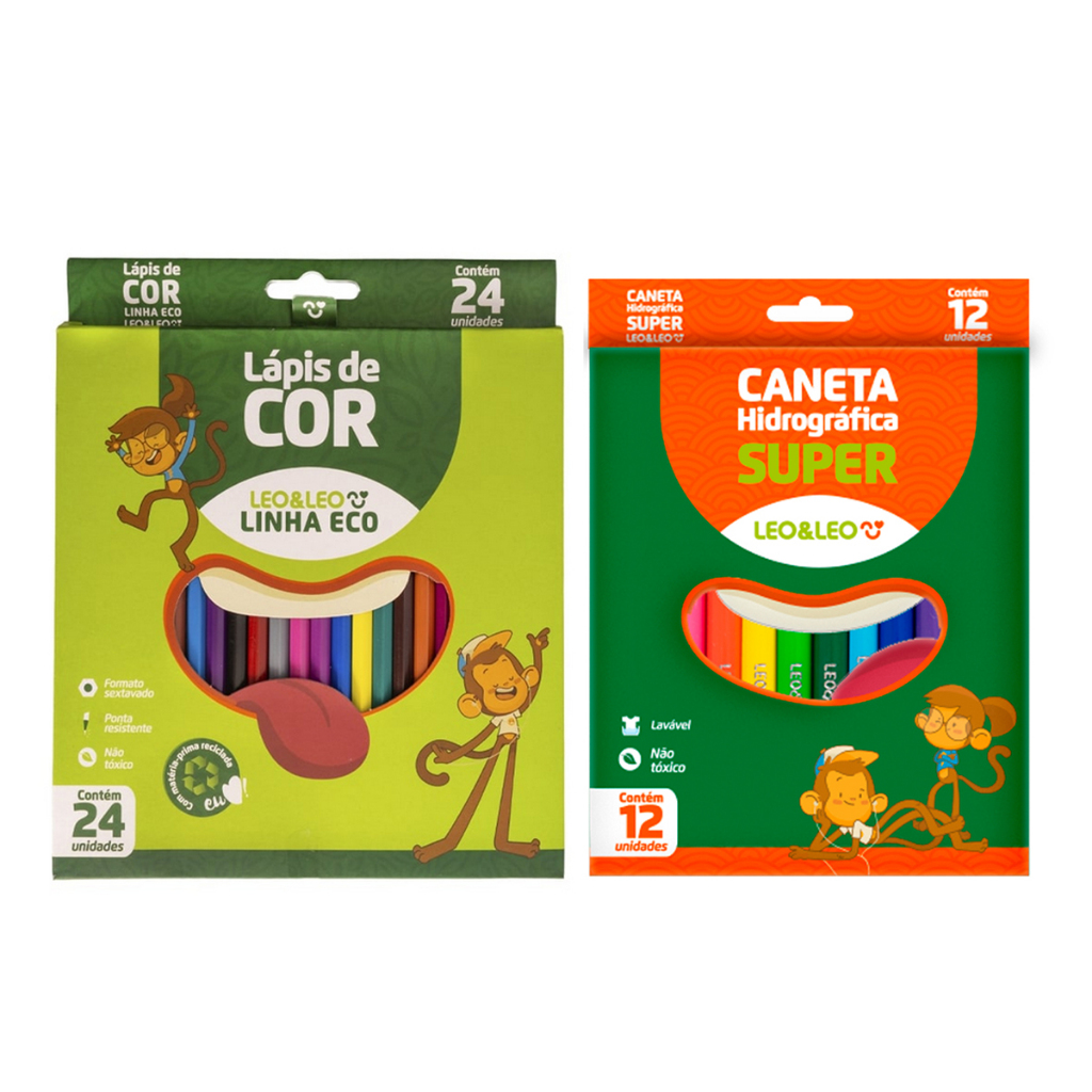 Leo e Leo Kit Material Escolar Lápis de cor 4 cores + Canetinha 12 Cores Lavável Super