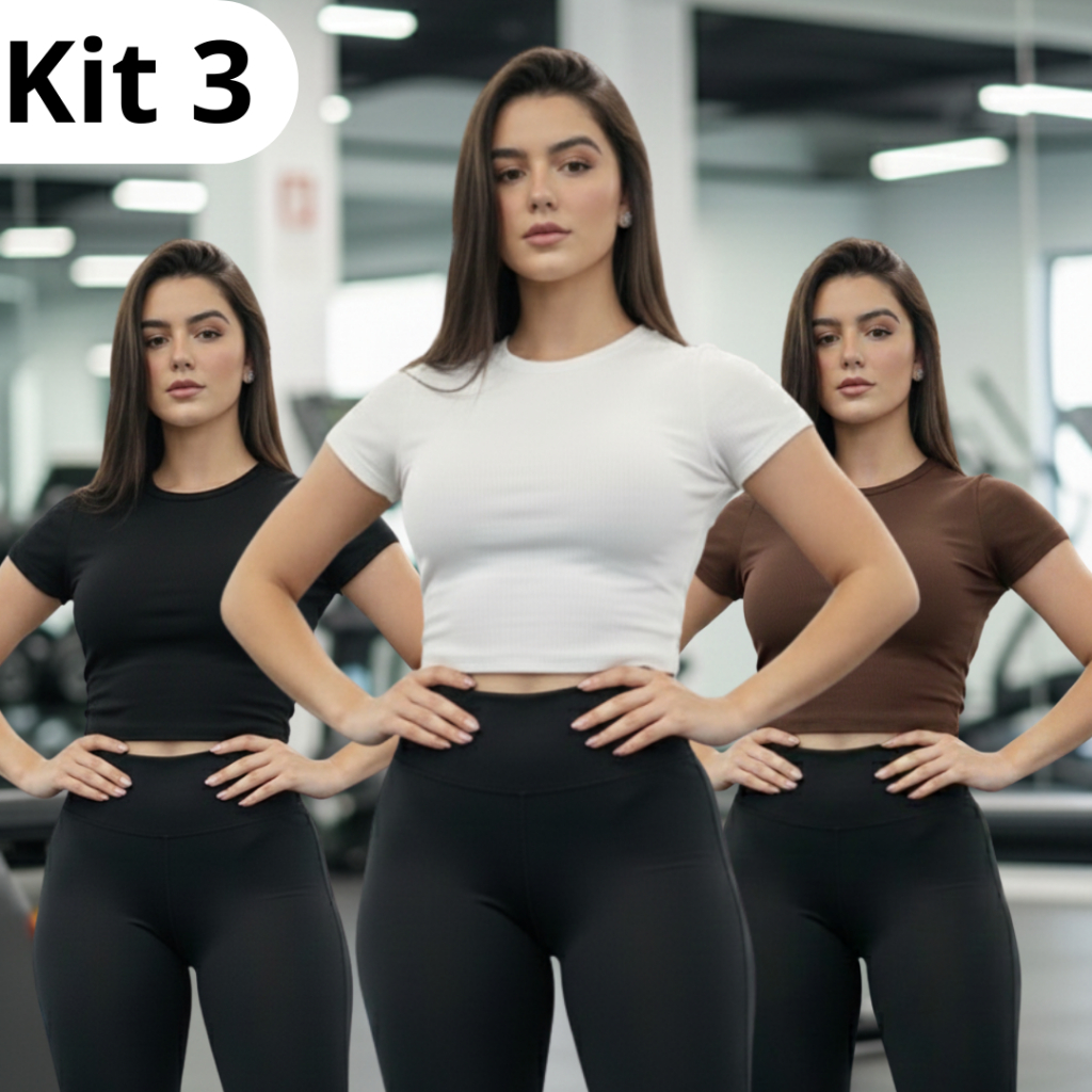 KIT 3: Baby Tee Feminina - Blusa Slim Fit Manga Curta verão academia suplex