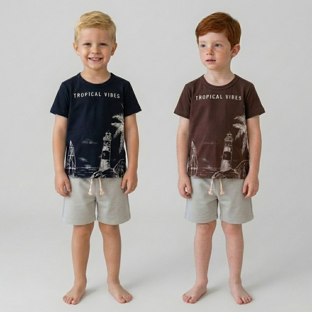 Conjunto Infantil Menino Tropical Vibes Camiseta Algodão + Bermuda Moletinho Verão