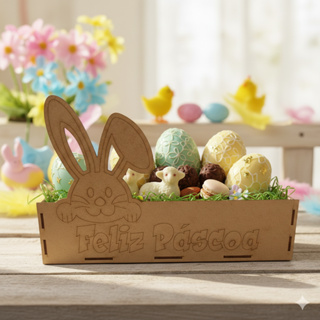 Kit Cesta Páscoa Coelho Bandeja Feliz Páscoa Alça MDF Cru 20x15cm em Oferta na Shopee