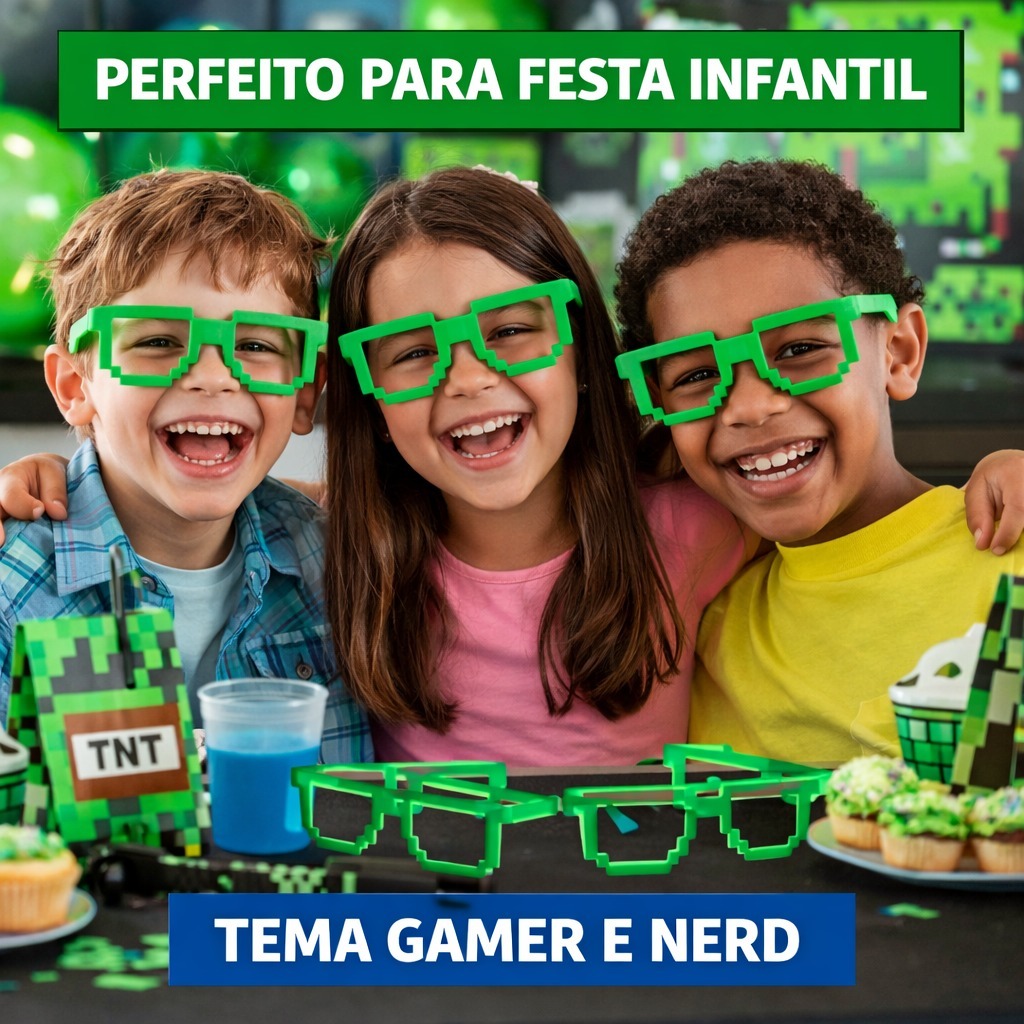 Kit Óculos Gamer Craft Verde-Color Festa Gamer Pixels 8-Bit Nerd Atari Lembrancinha Aniversário