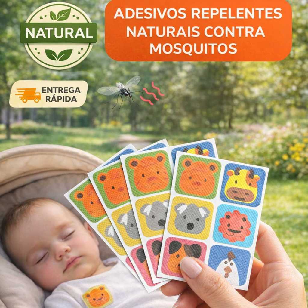 Adesivo Repelente Natural Infantil Proteção Contra Mosquitos Chega de Picadas em Bebês Seguro Infantil