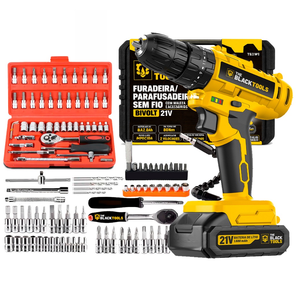 Furadeira De Impacto 3/8 10mm Bateria 21v lítio + Jogo Ferramentas 46 Peças The Black Tools