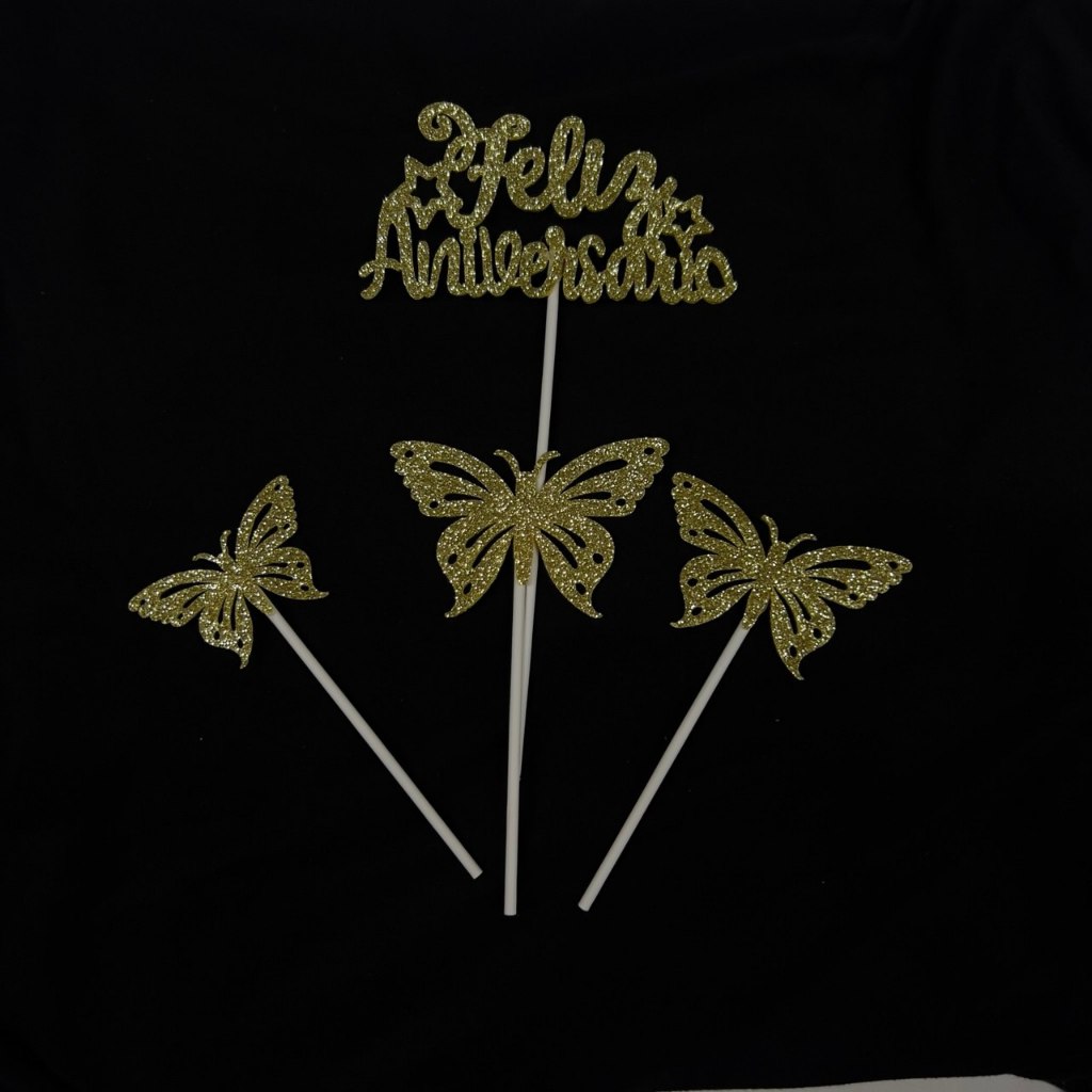 Topo de Bolo EVA Glitterizado Borboleta Feliz Aniversário Decoração Festa Enfeite