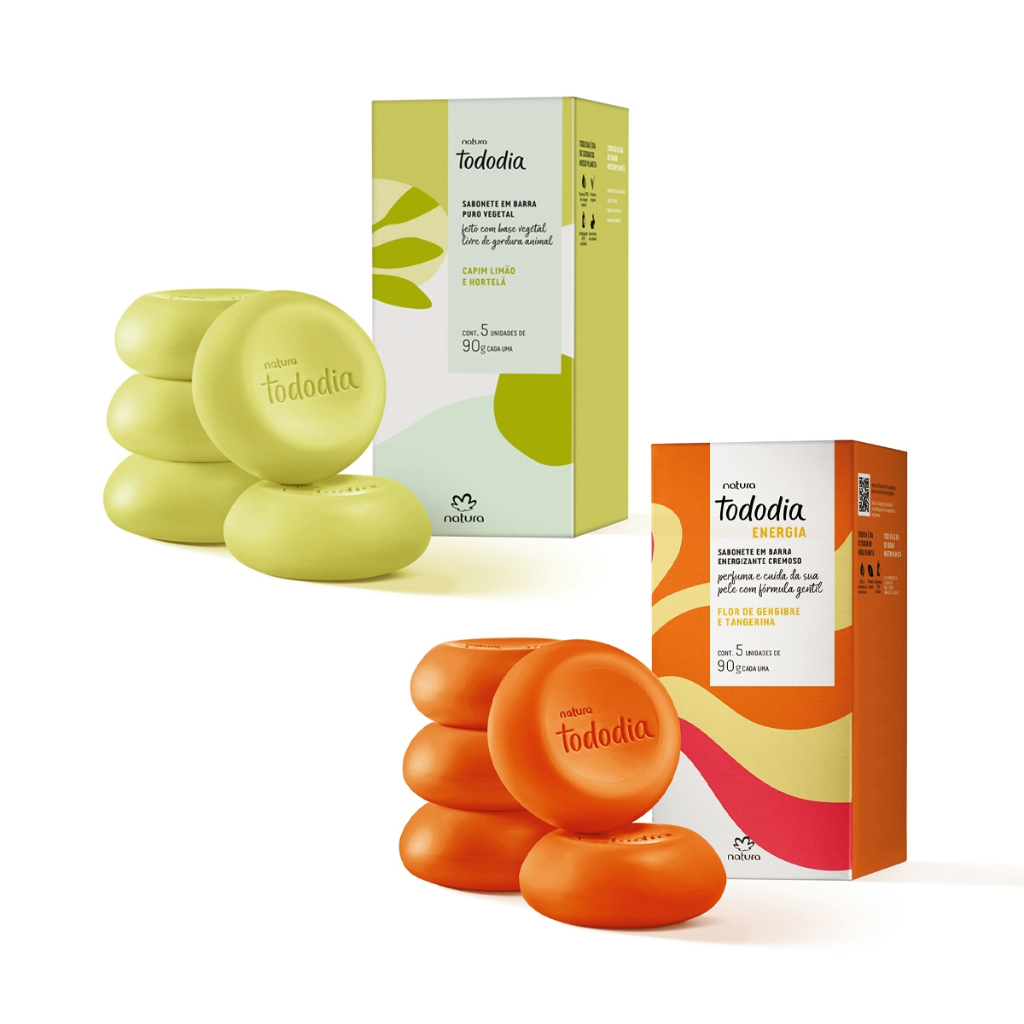 KIT 2 Caixas De Sabonete Natura Tododia Vegetal Barra Hidratante Cremoso Capim Limão e Hortelã Noz Pecã e Cacau Energia