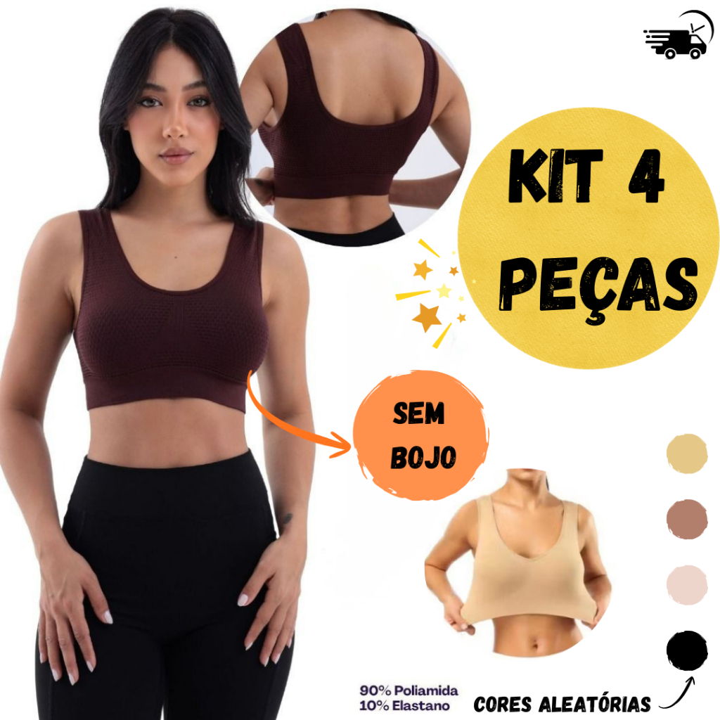 Kit 4 Top Feminino Sem Costura Sem Bojo e Sem Aro, Sutiã Top Básico Alça Regata Tecido Confortável em Oferta na Shopee