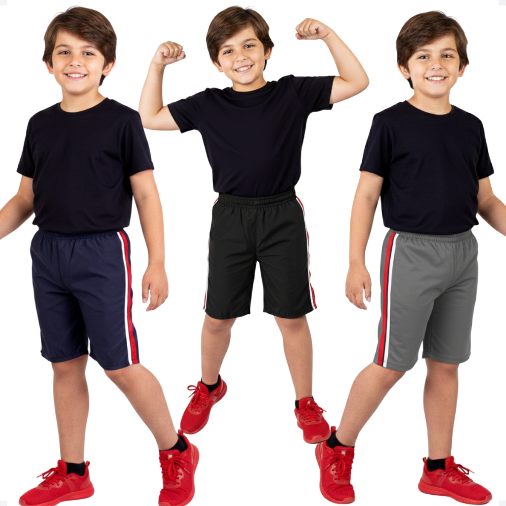 Kit 3 Bermudas Shorts Infantil Masculina Tecido Tactel Faixas Lateral Cinza Uniforme Escolar 214