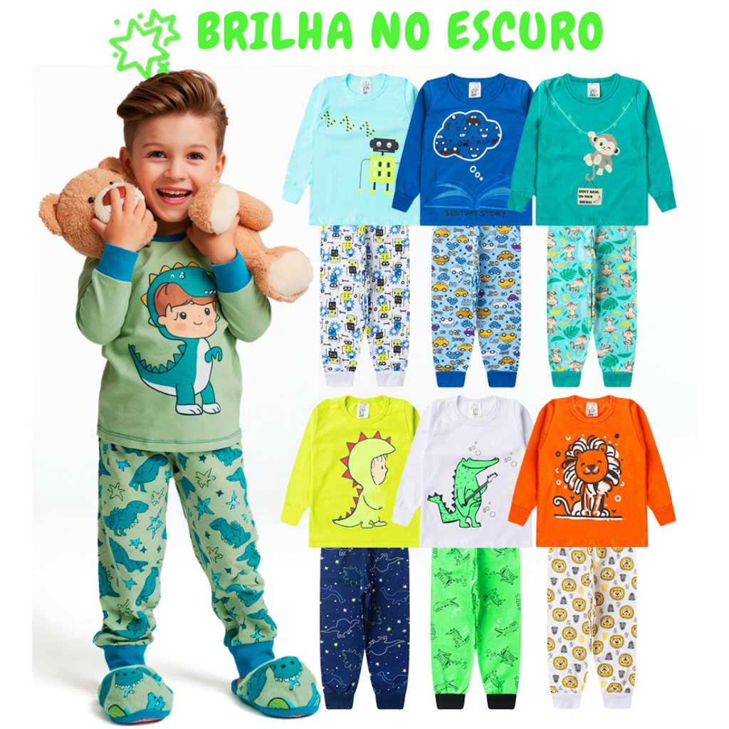 Kit 8 Peças Pijama Brilha no Escuro Infantil Menino Inverno Roupa Infantil Masculina