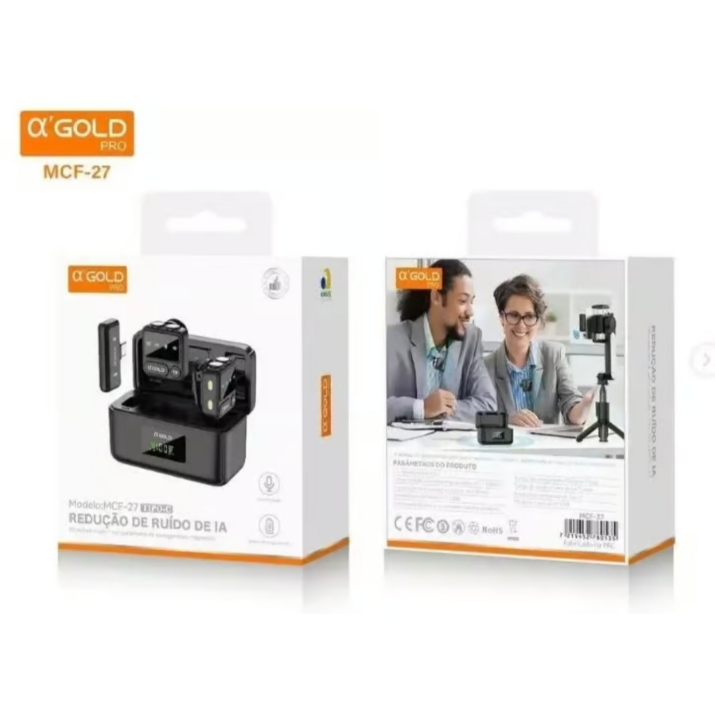 Microfone de Lapela Duplo Sem Fio A'GOLD TIPO-C ou IOS - MCF-27 ou MCF-26