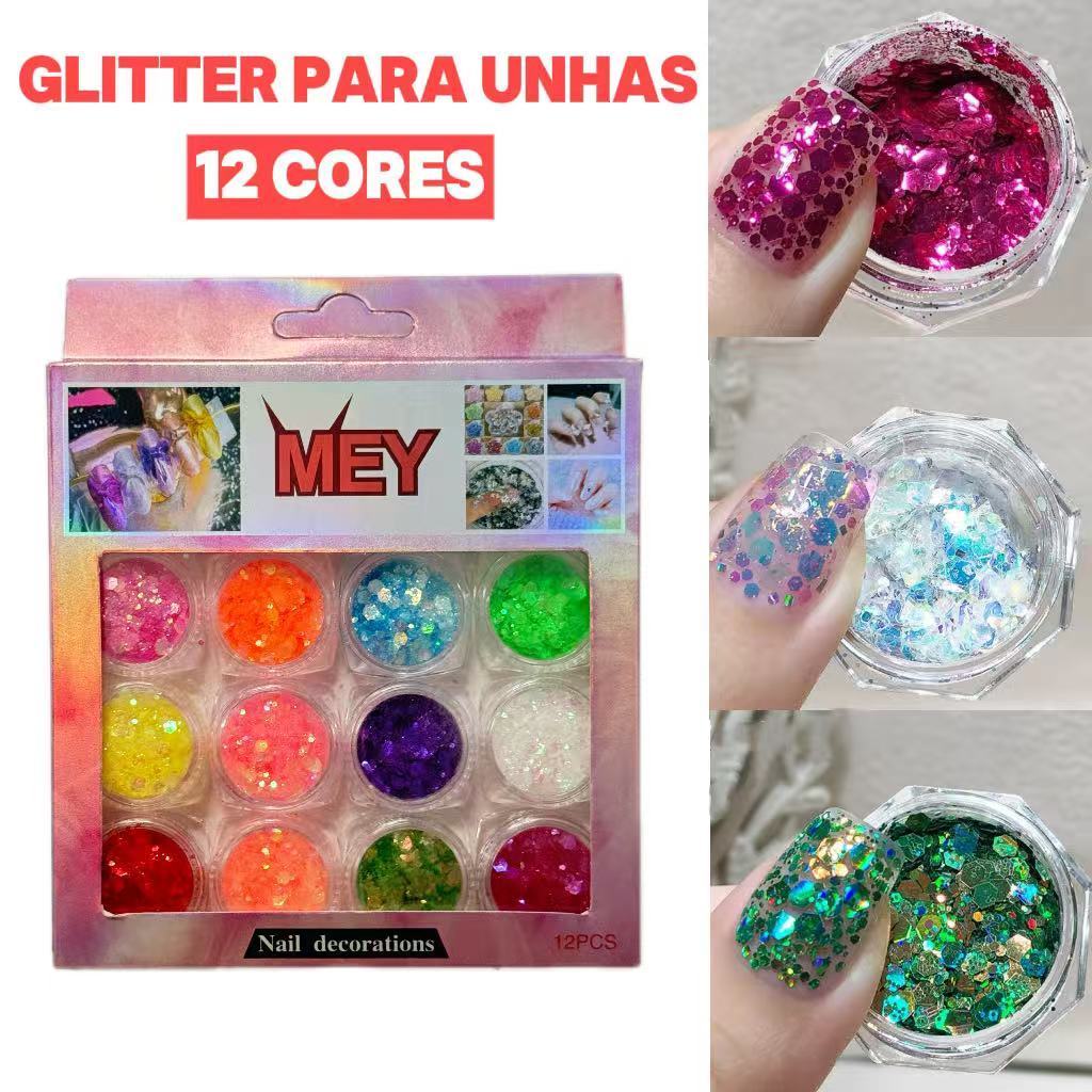Kit de Glitter para Unhas MEY 12 Cores - Brilho Intenso para Carnaval e Festas de Verão 2026 em Oferta na Shopee