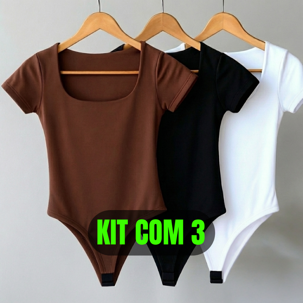 Kit 3 Body Feminino Decote Quadrado Manga Curta Tecido Suplex Moda Verão Tendência