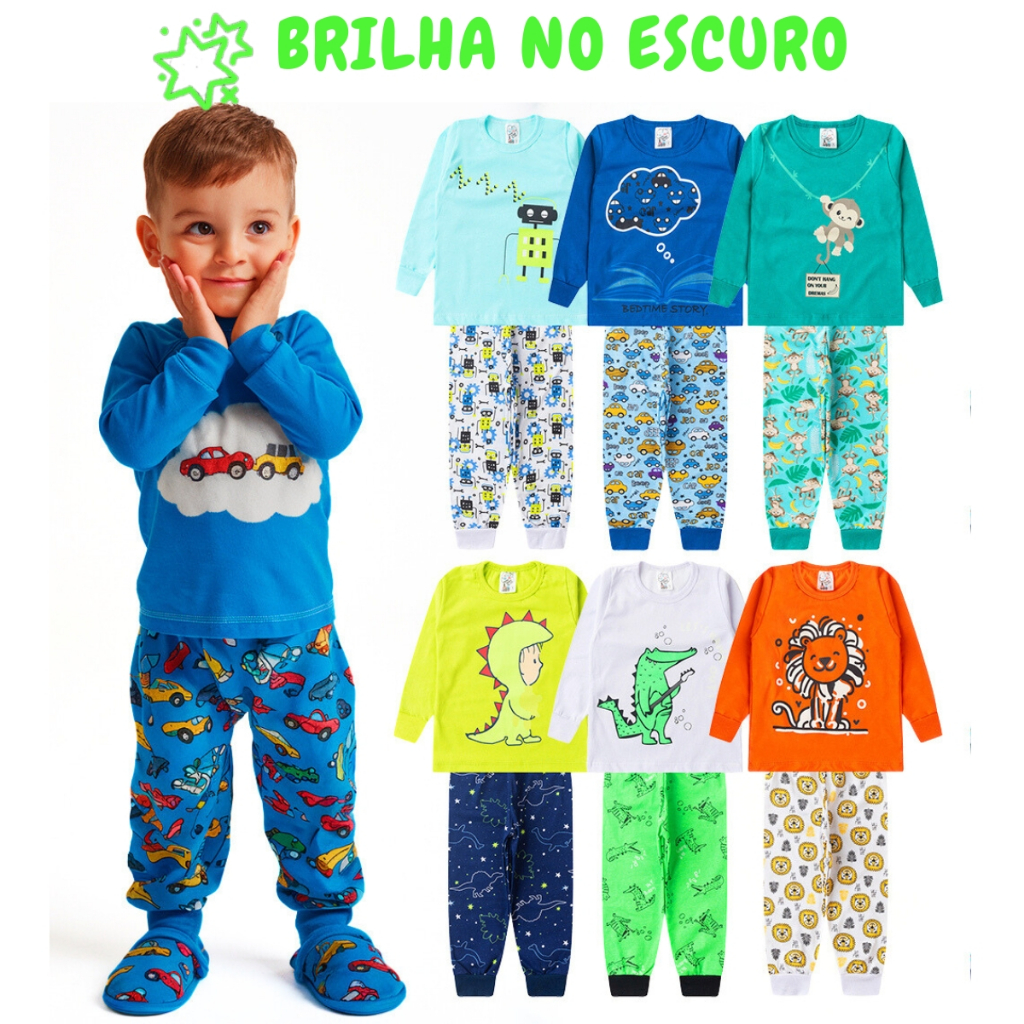 Kit 6 Peças Pijama Brilha no Escuro Sortido Infantil Menino Inverno Roupa Infantil Masculina em Oferta na Shopee