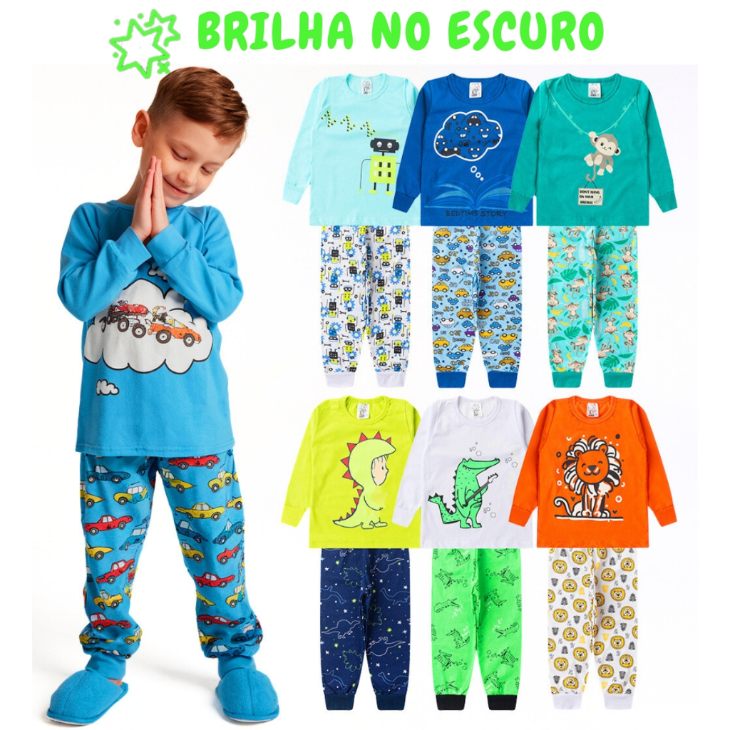 Pijama Brilha no Escuro Sortido Infantil Menino Inverno Roupa Infantil Masculina