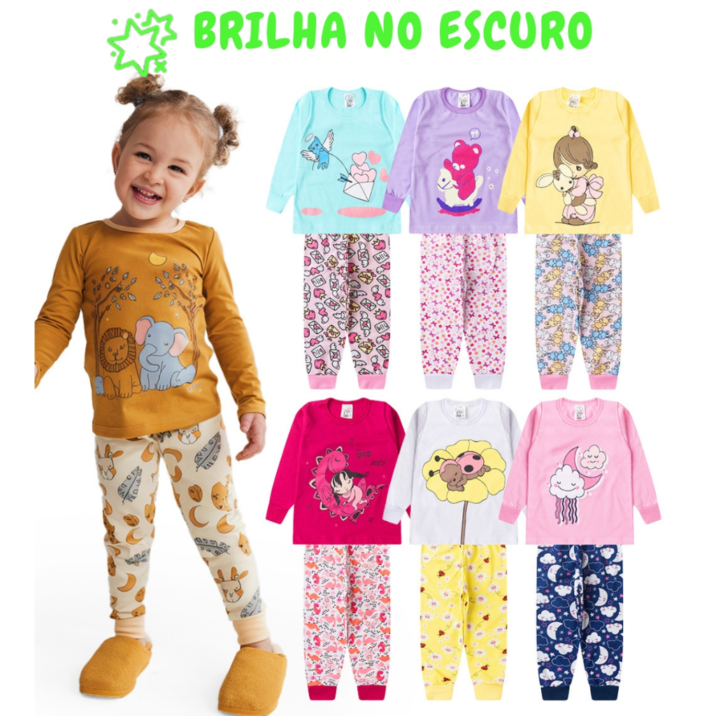 2, 4 ou 8 Peças Pijama Brilha no Escuro Infantil Menina Inverno Roupa Infantil F