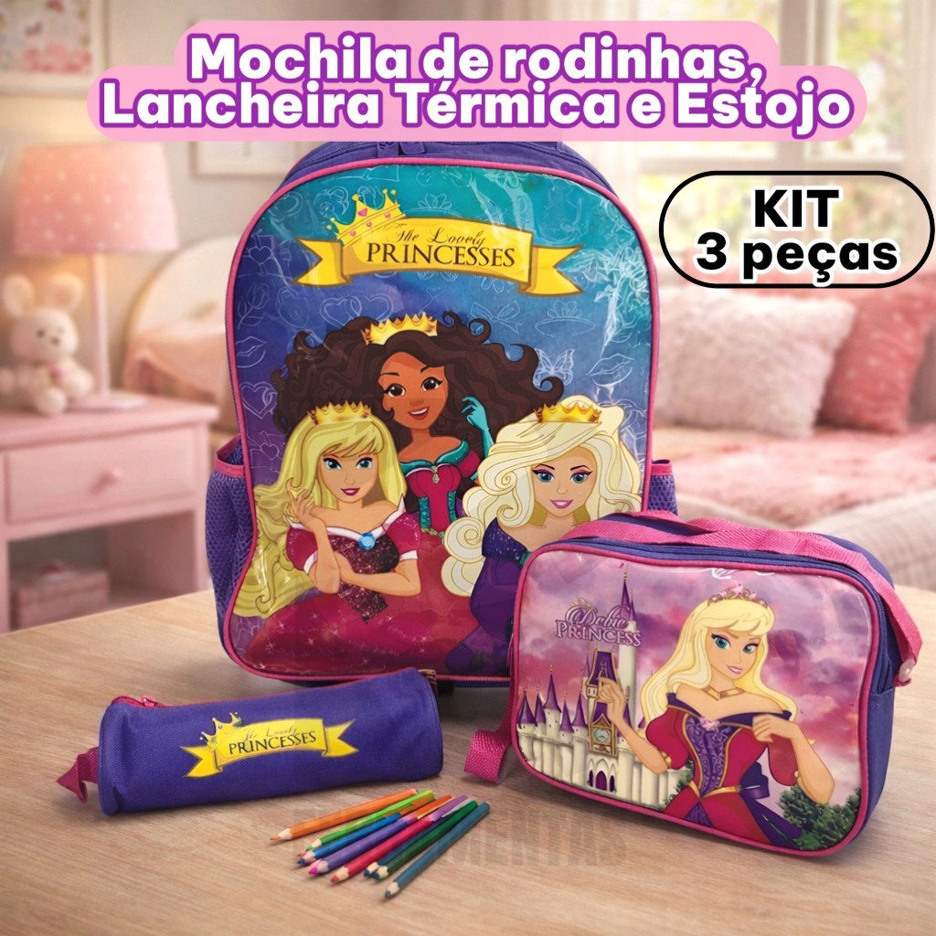 Kit Mochila de Rodinhas Princesas Com 3 Peças Mochila Escolar 15L Roxa Lancheira Térmica e Estojo