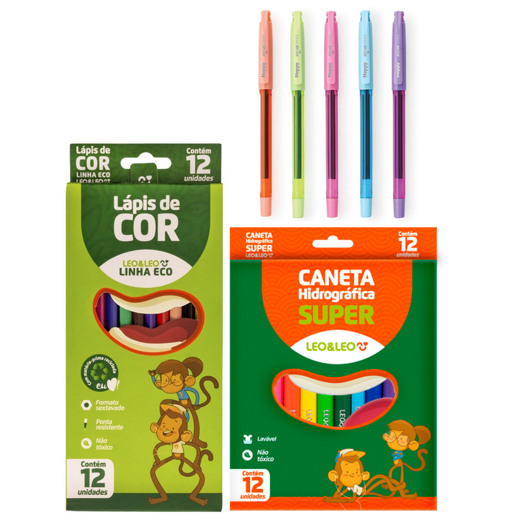 Leo e Leo Canetas Gel 5 Cores + Lápis de Cor 12 Cores + Canetinha 12 Cores