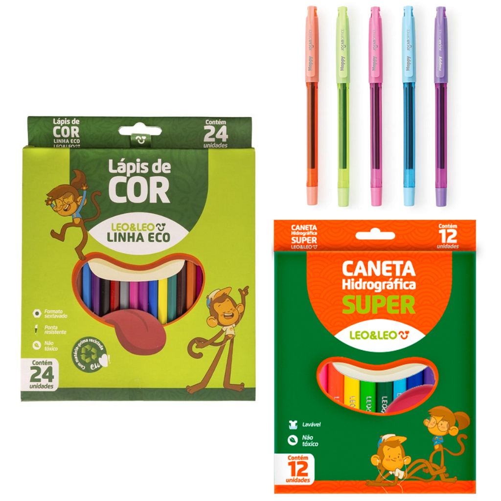 Lápis de Cor 24 Cores + Canetas Gel 5 Cores + Canetinha 12 Cores - Leo e Leo