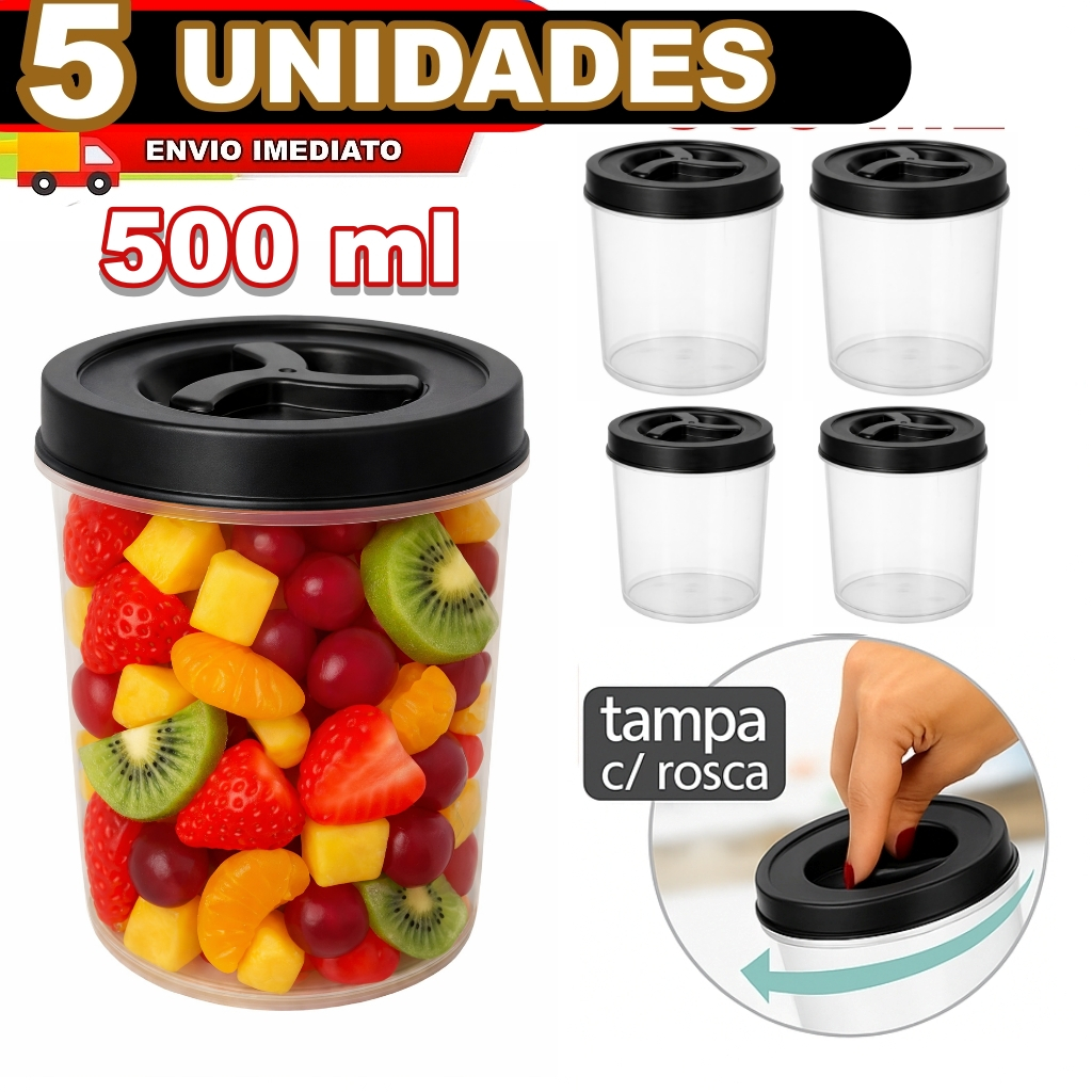 JOGO DE POTES  500 ML  REDONDO  – 3 OU 5 UNIDADES | BPA FREE | REFORÇADO | PARA ALIMENTOS E TEMPEROS
