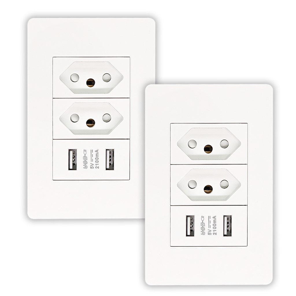 Tomadas de Parede Dupla Com Entrada Usb E Tipo C BRANCO 5V Bivolt 3 pinos finos 4 em 1 Carregamento