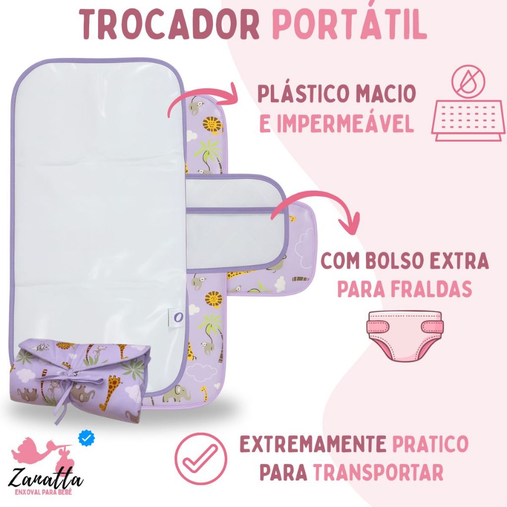 Trocador de Fraldas Para Bebe Portátil com Bolso Impermeável Enxoval Menina Menino Rosa Azul