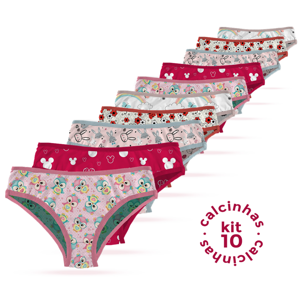 Kit 10, 5 Calcinhas Feminina Infantil Tecido Microfibra Com Forro 100% Algodão Estampada Confortável