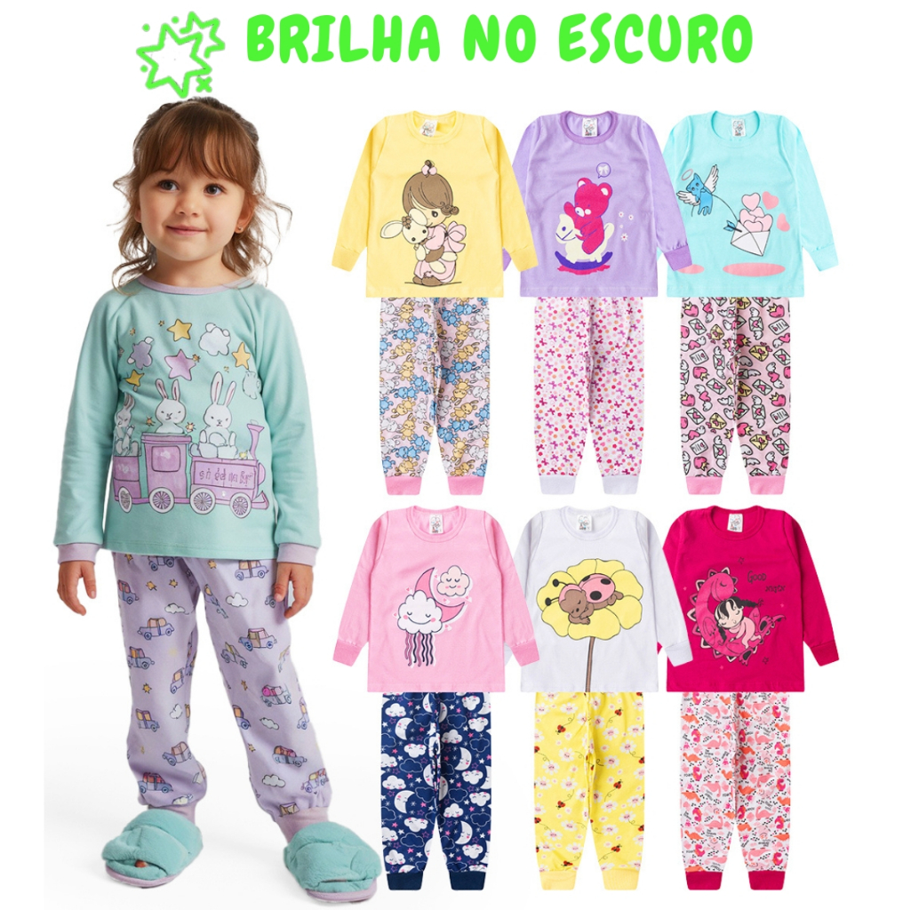 Kit 2, 6 ou 10 Peças Pijama Brilha no Escuro Infantil Menina Inverno Roupa Infantil Feminina em Oferta na Shopee