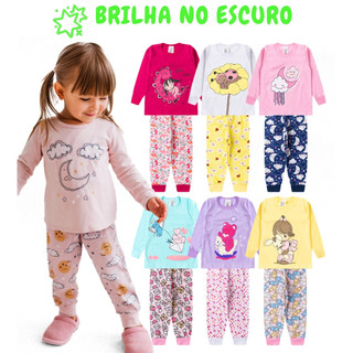 Kit 4 Peças Pijama Sortido Brilha no Escuro Infantil Menina Inverno Roupa Infantil Femini…