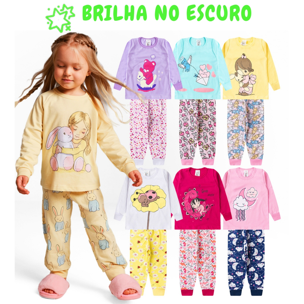 Kit 6 Peças Pijama Brilha no Escuro Sortido Infantil Menina Inverno Roupa Infantil Feminina