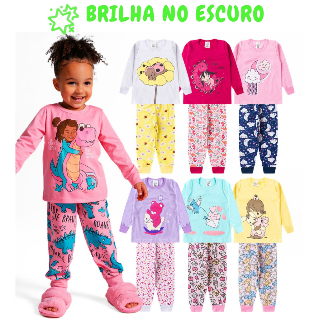 Kit 8 Peças Pijama Brilha no Escuro Infantil Menina Inverno Roupa Infantil Femin
