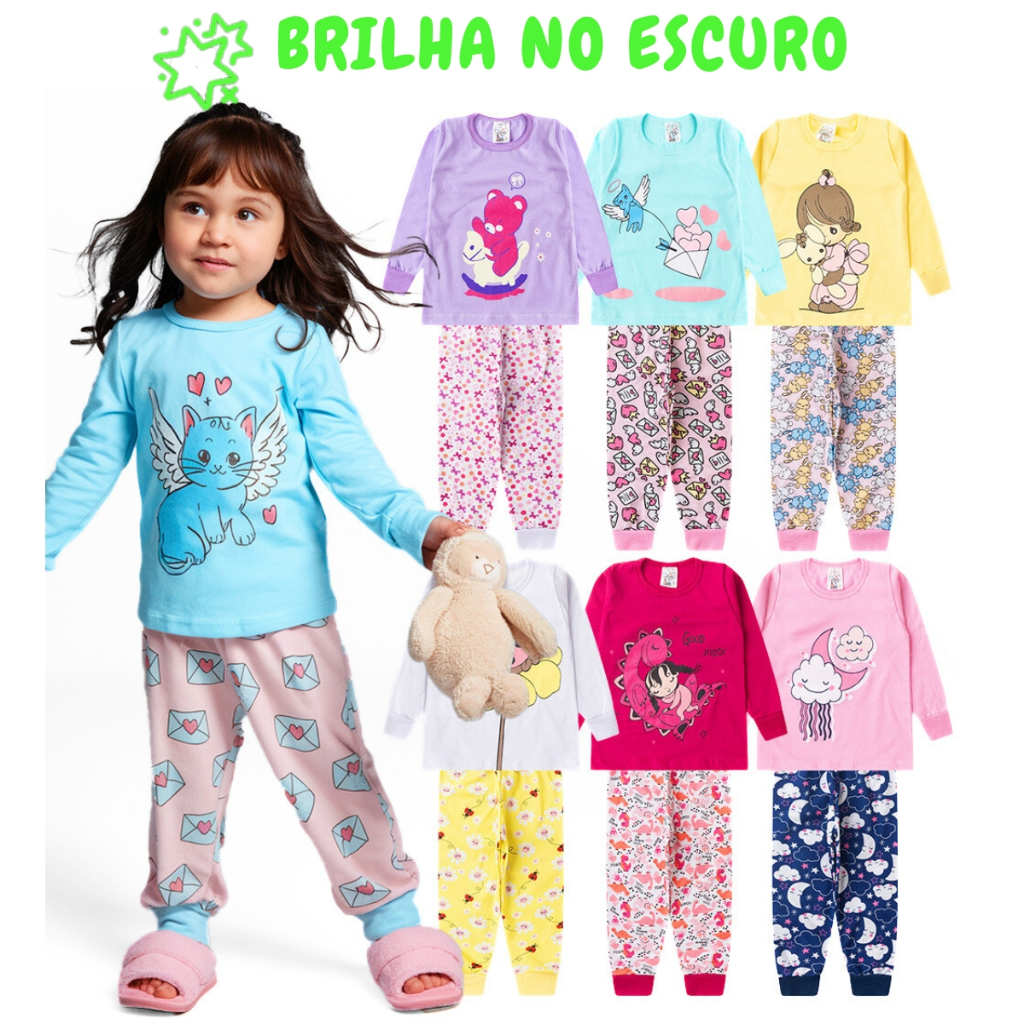 Pijama Sortido Brilha no Escuro Infantil Menina Inverno Roupa Infantil Feminina