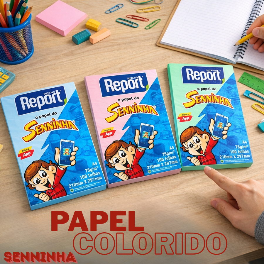 100 Folhas Sulfite A4 Colorido Senninha Report Rosa Azul Amarelo Verde Papel impressão Escolar