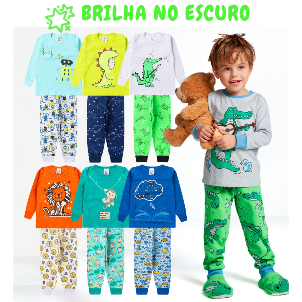 Kit de 2, 6 ou 10 Peças Pijama Brilha no Escuro Menino Infantil Inverno Roupa Infantil Masculina