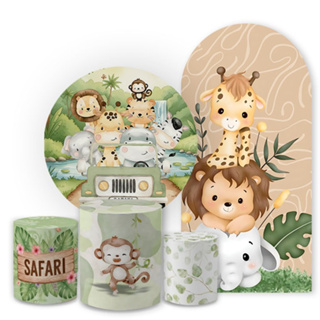 Kit Capa Painel Redondo de Festa + Capa Cilindros Malha Safari Animais Decorativo Bibi Paineis em Oferta na Shopee