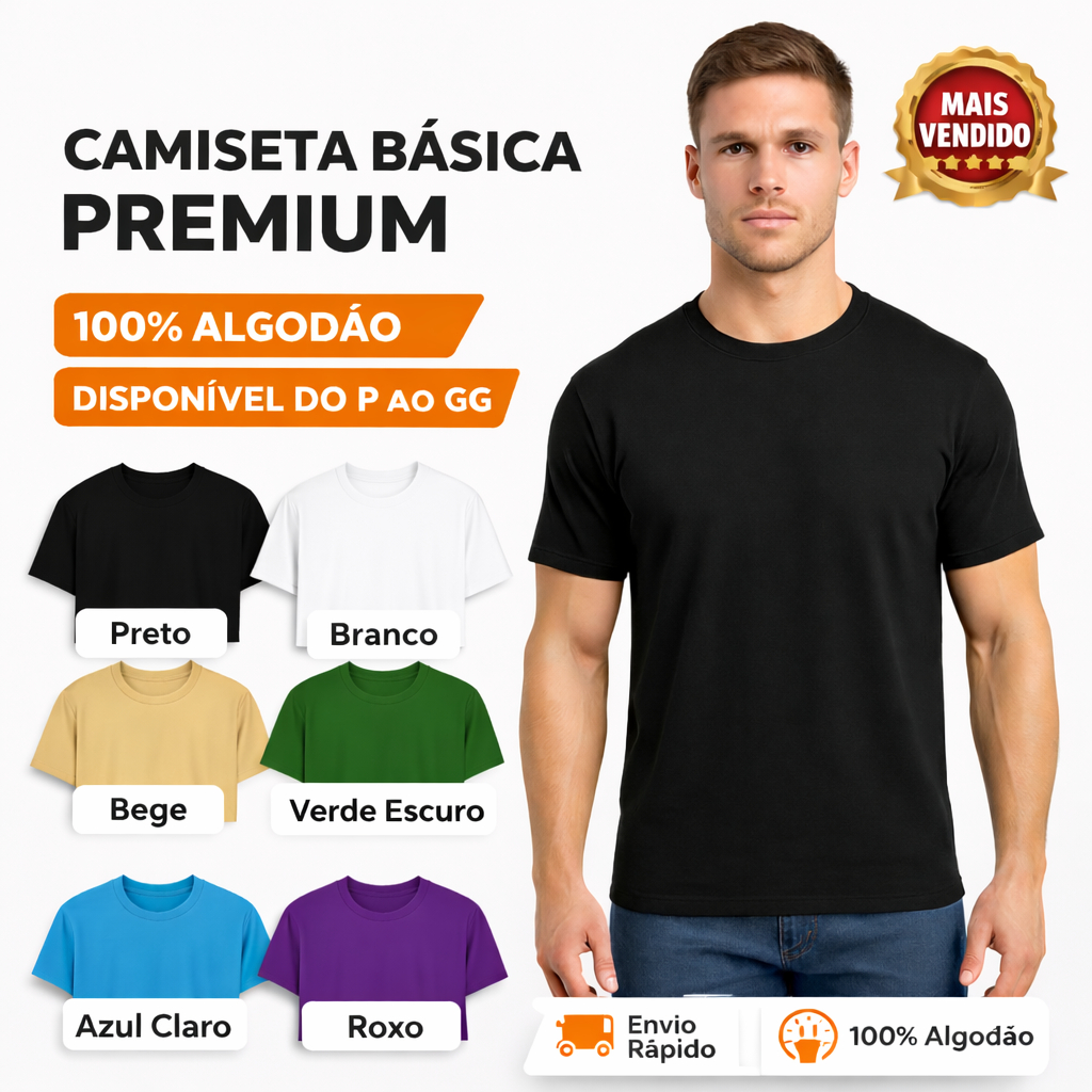 Camiseta Masculina Básica Algodão 100% Premium Lisa Manga Curta Casual
